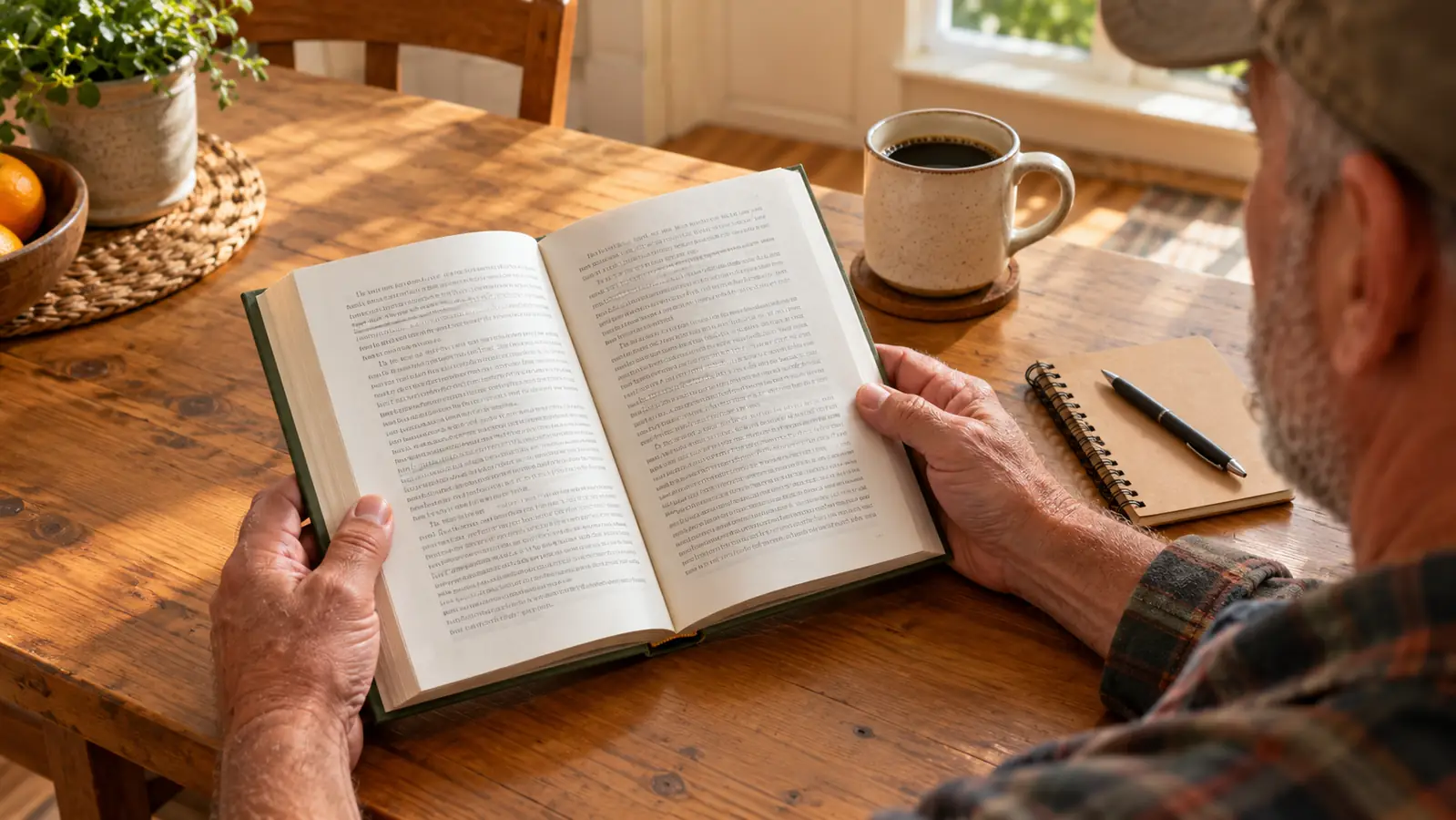 A reader's hands holding the book open on a table beside a coffee mug and a small notebook