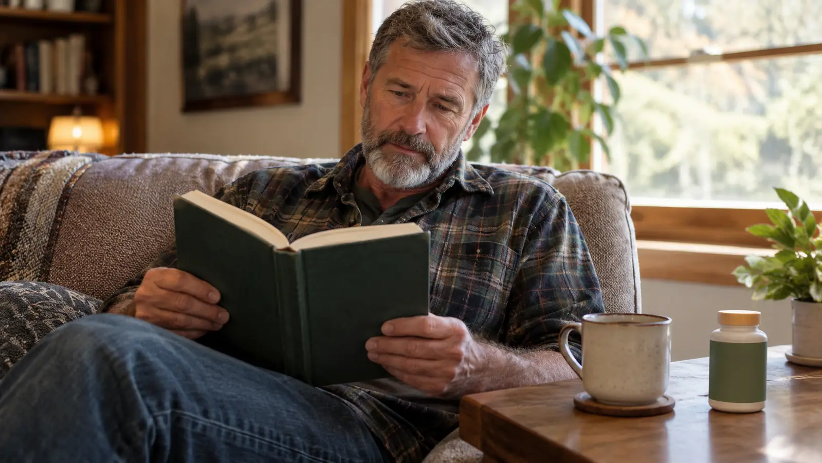 A reader holding the book open in her lap on a sofa with a coffee cup nearby