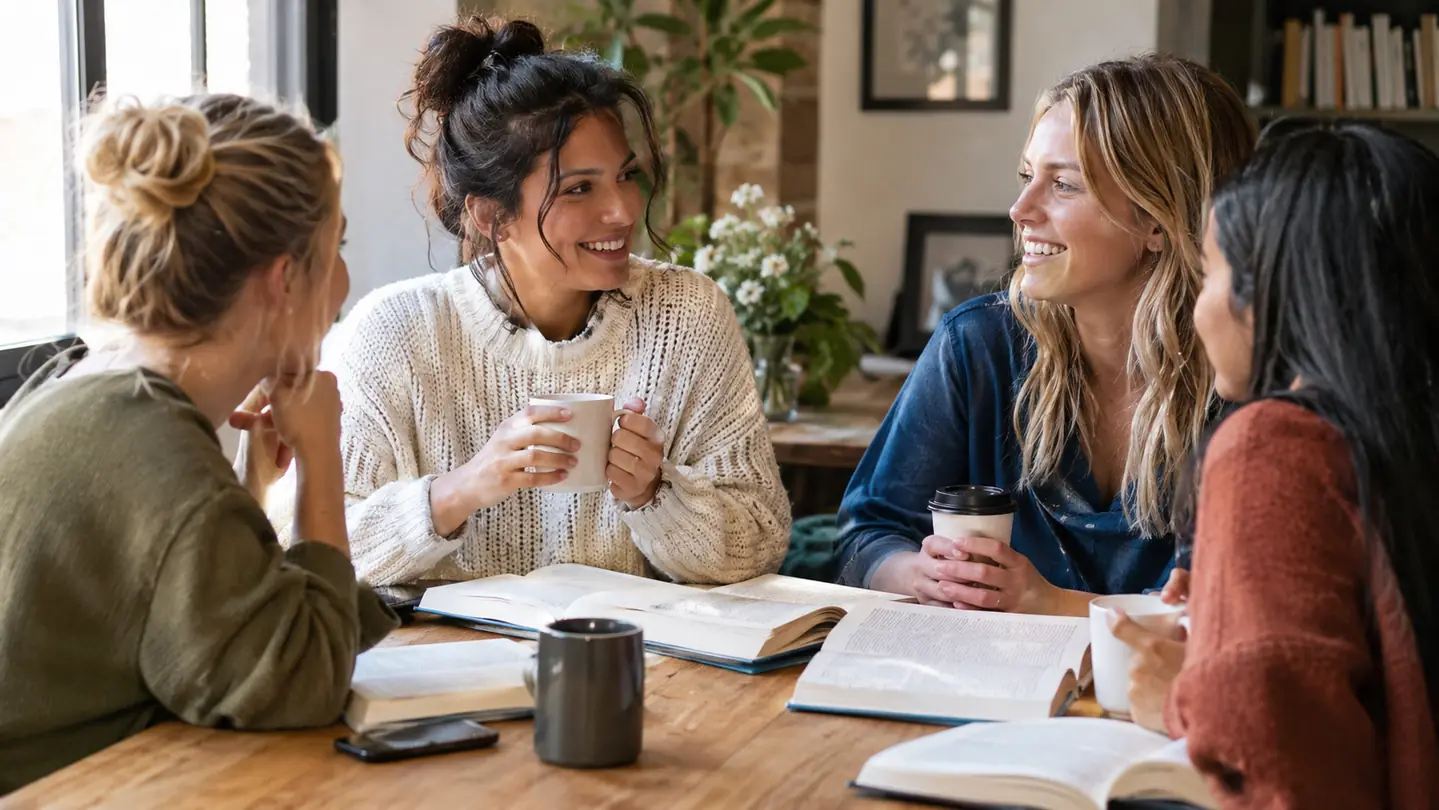 A group of women studying together around a table with open books and coffee cups
