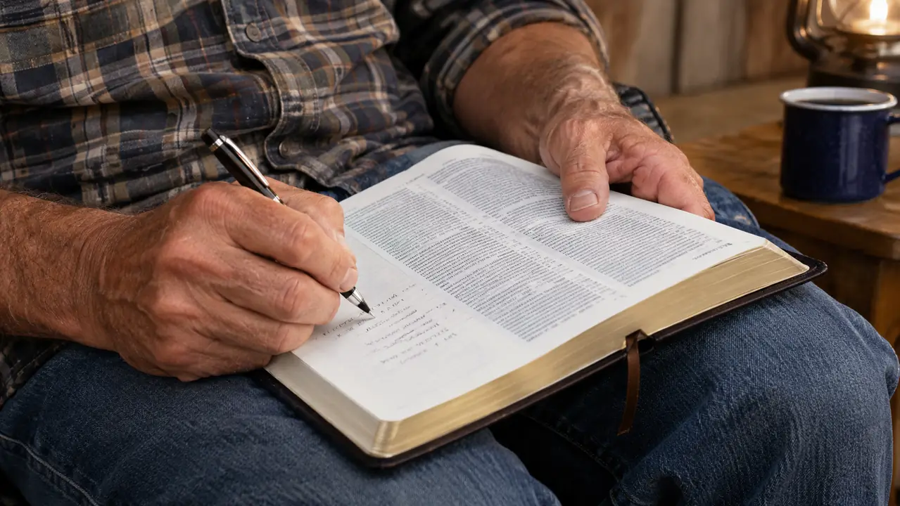 Hands writing a note in the wide margin of an open Bible