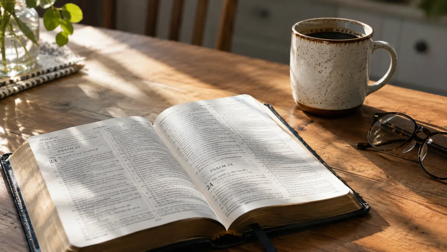 An open Bible on a kitchen table beside a coffee mug in the morning light