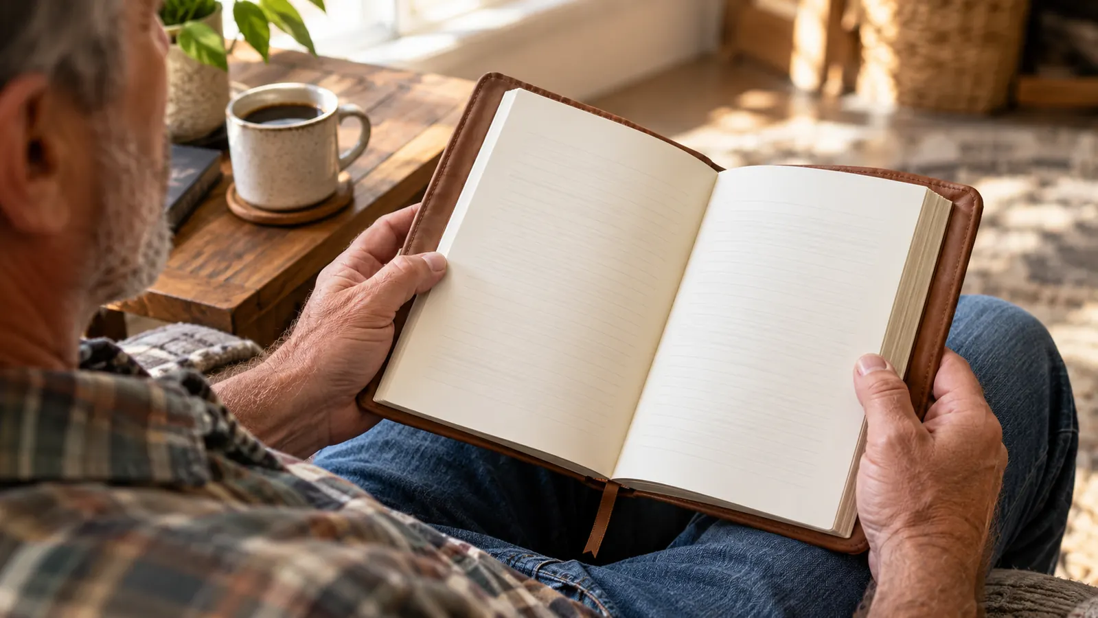A reader holding a small padded hardcover book open in her lap, a cup of coffee nearby on a table.