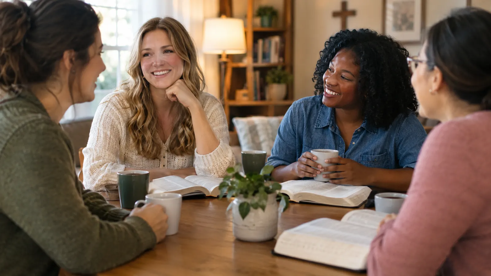 A small group of women with open books gathered around a table in a bright room.