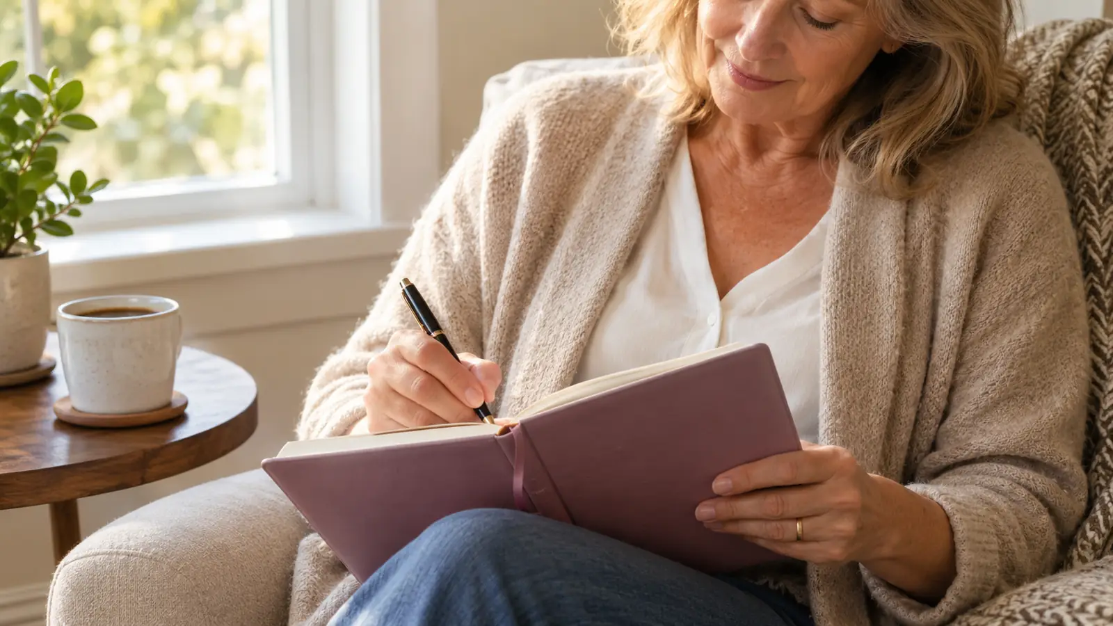 A woman writing in an open prayer journal on her lap with a pen, a coffee cup on a small table nearby