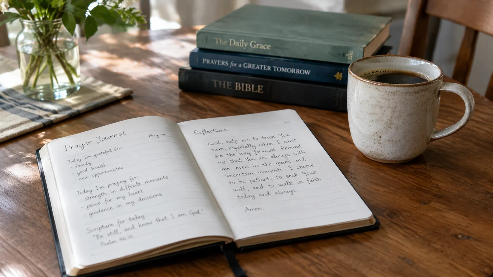 A prayer journal lying open on a kitchen table beside a coffee mug and a small stack of books