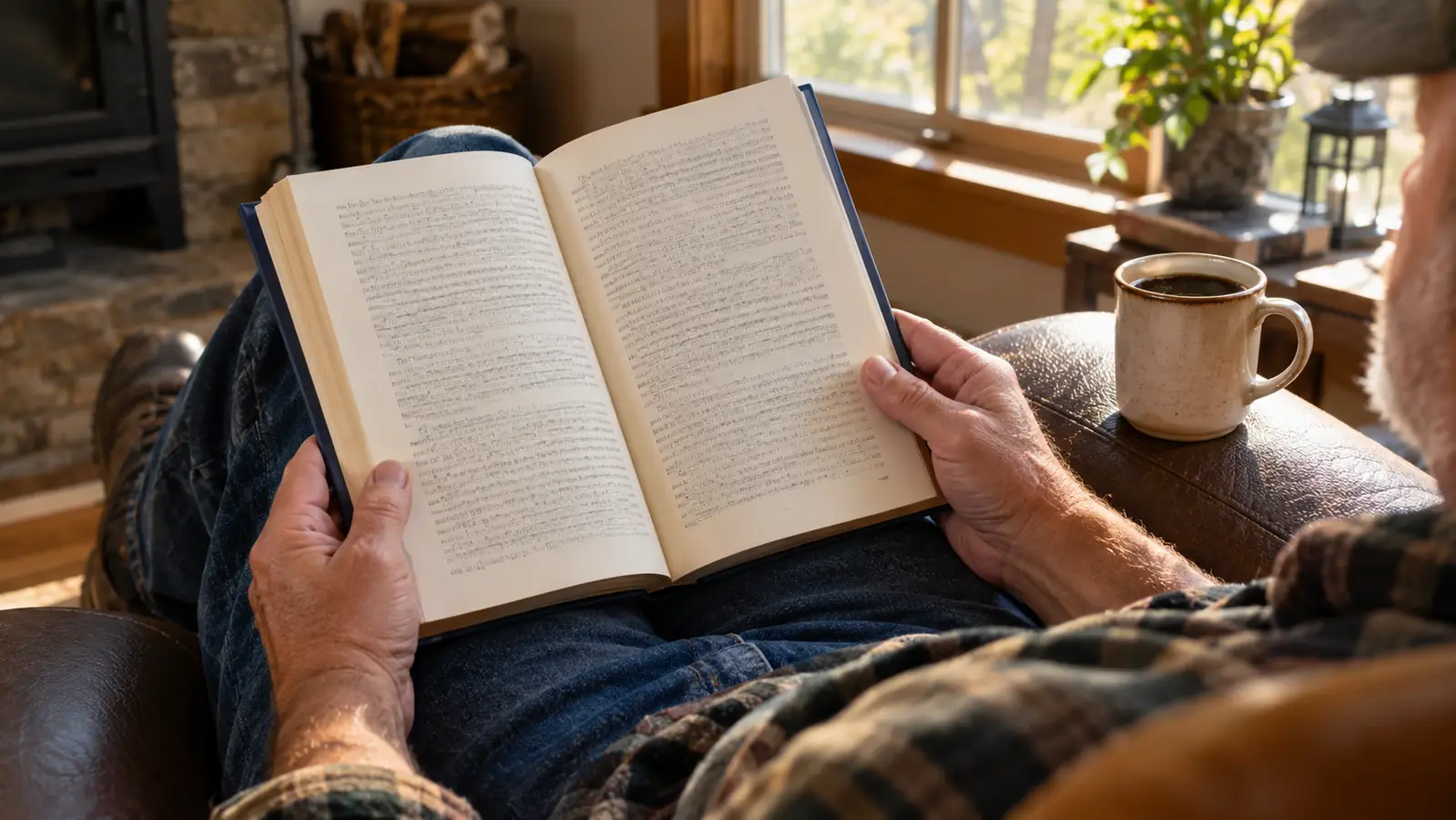 A reader holding an open book in her lap with a coffee mug nearby
