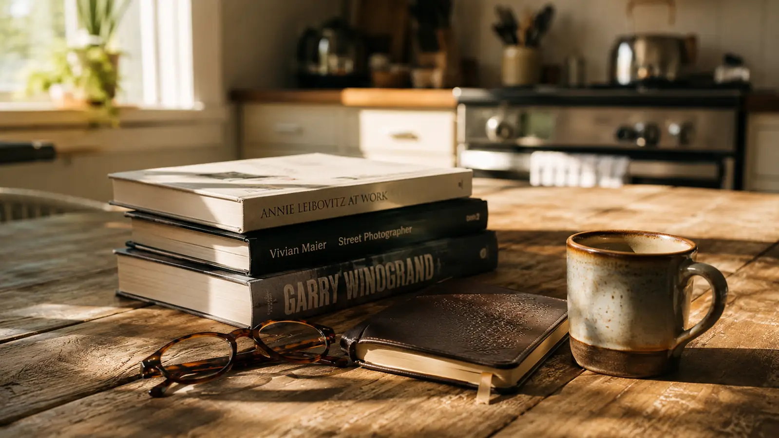 A stack of books and a journal on a kitchen table with reading glasses