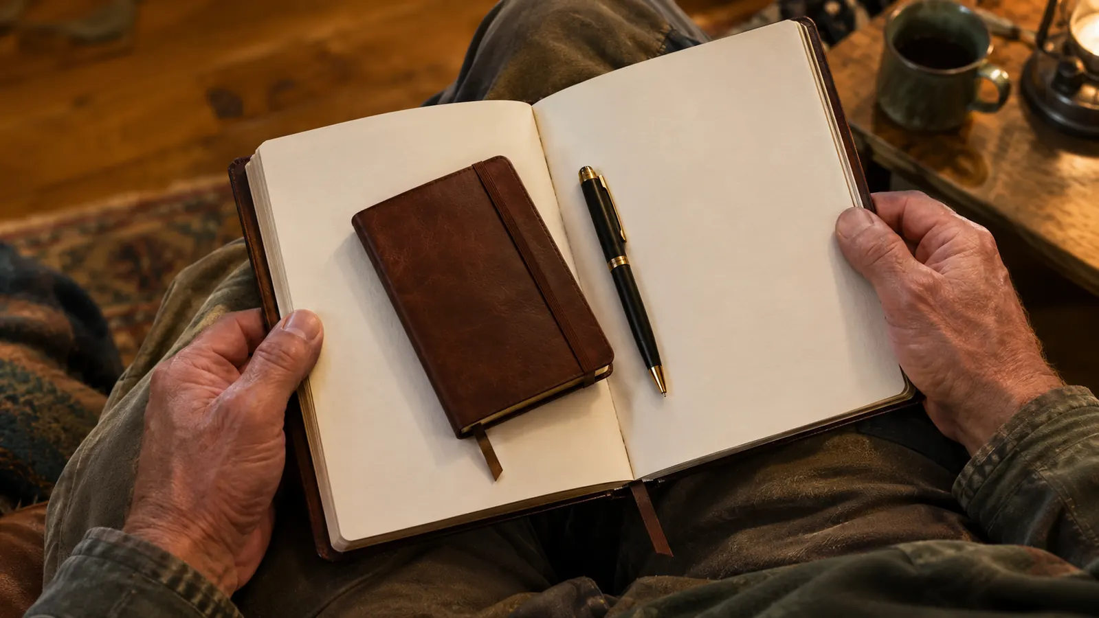 A reader's hands holding open a book with a journal and a pen resting on the pages