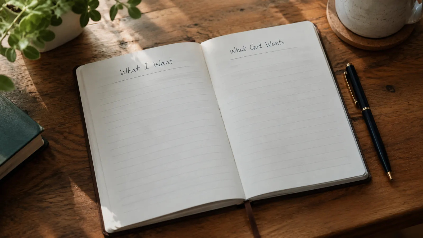 A notebook page with a simple two-column list titled What I Want and What God Wants, with a few handwritten lines in each column