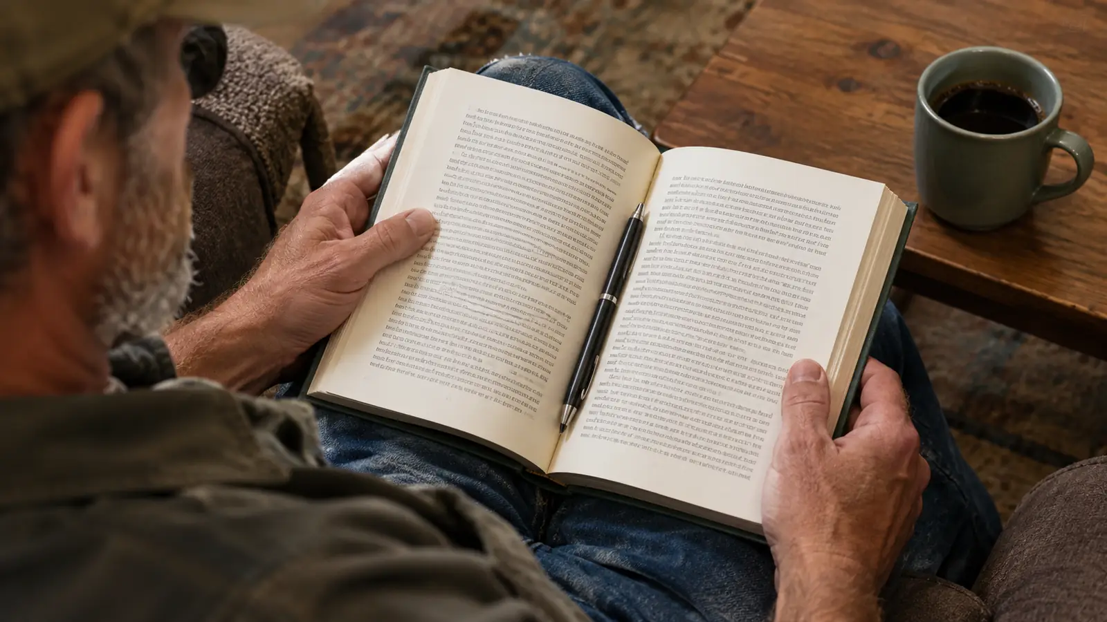 A reader's hands holding an open book on a lap, with a pen resting on the page and a coffee mug nearby