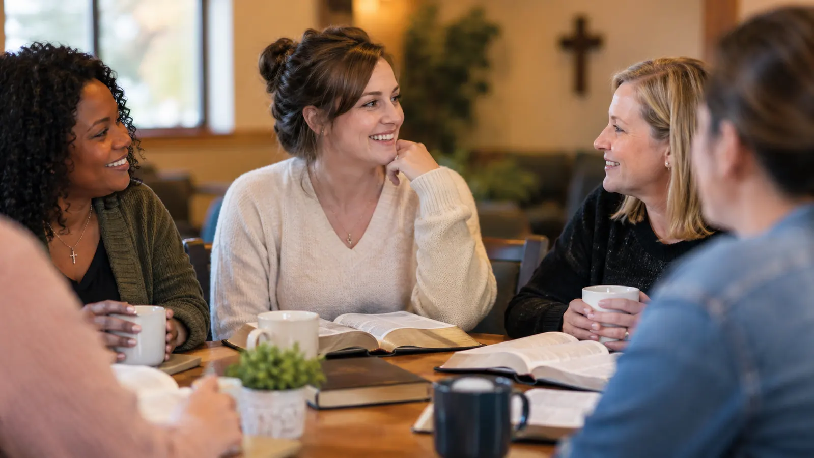 A small group of women around a table with open books and Bibles, coffee cups and warm fellowship hall light