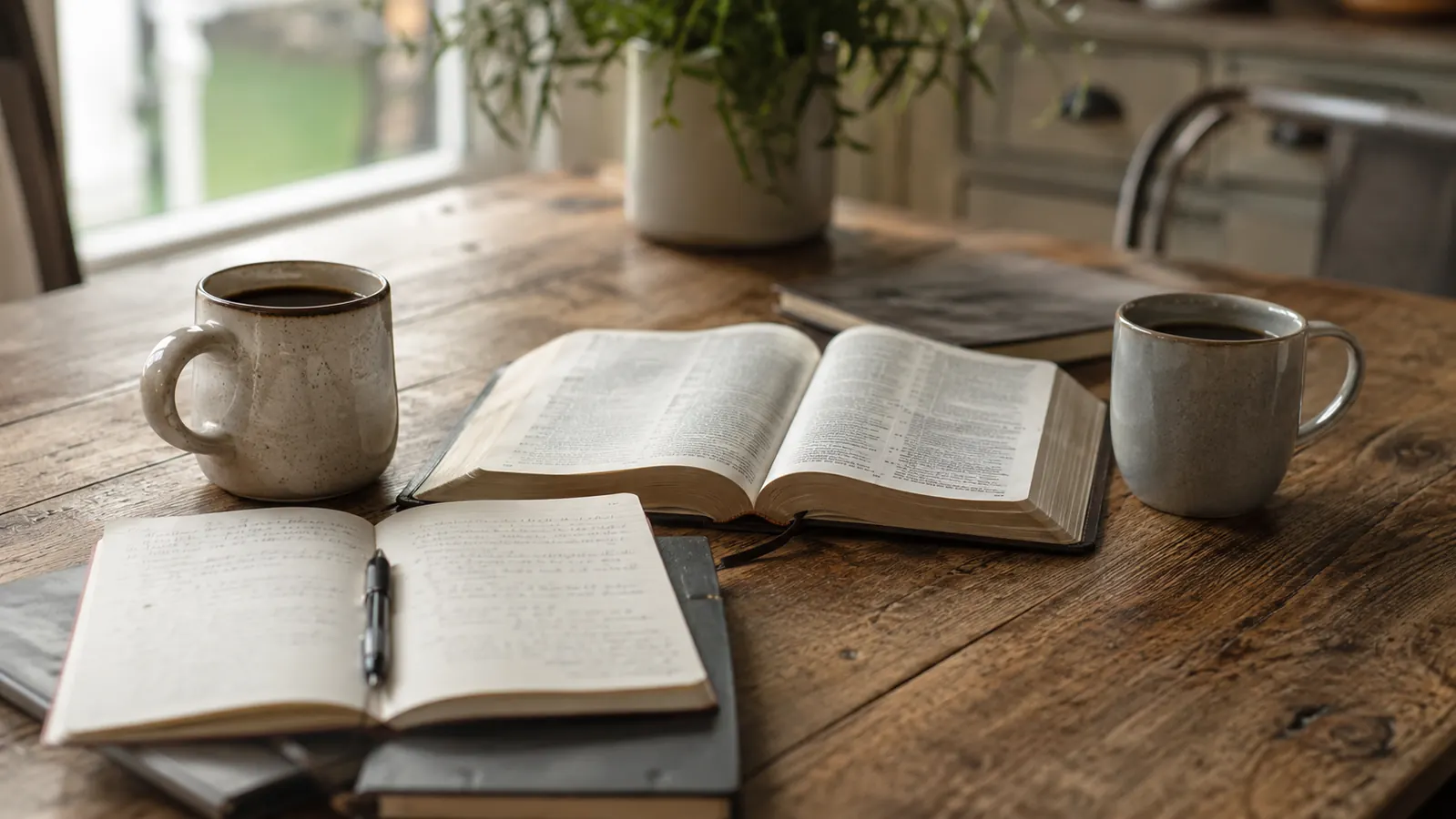 A quiet scene of two coffee mugs and an open Bible on a kitchen table after a small group meeting