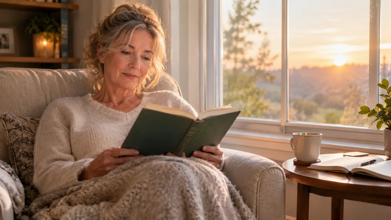 An older woman reading a devotional in a recliner by a sunny window with a cup of coffee