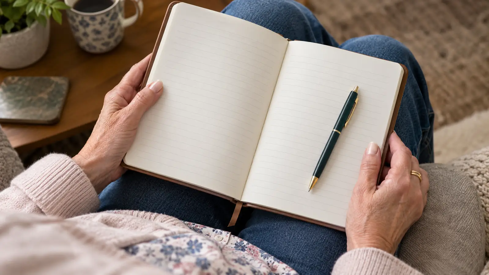A woman's hands holding an open prayer journal on her lap with a pen resting on the page