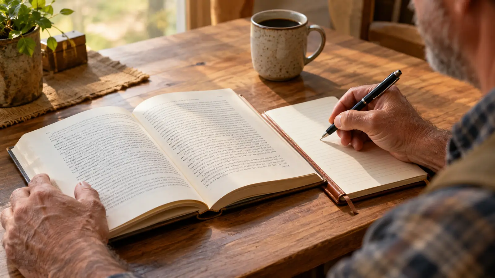 A hand holding a pen over an open book with a journal and mug on a wooden table