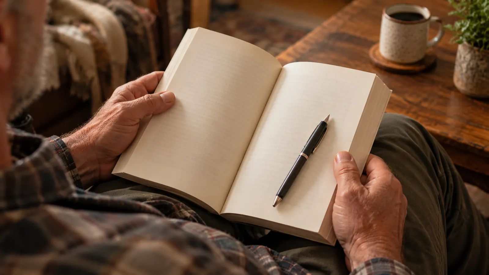 A reader's hands holding open a paperback book with a pen resting on the page