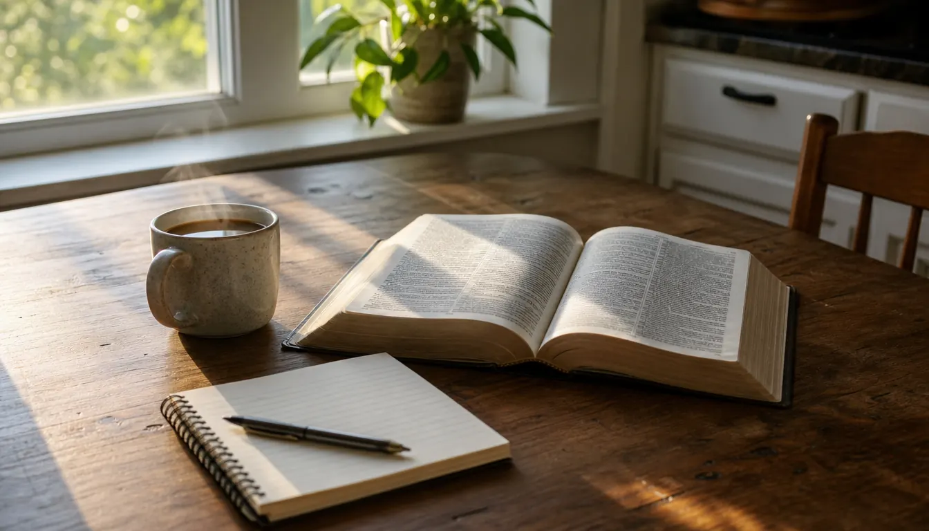 A quiet morning scene with a Bible, a notebook, and a cup of coffee on a kitchen table by a window