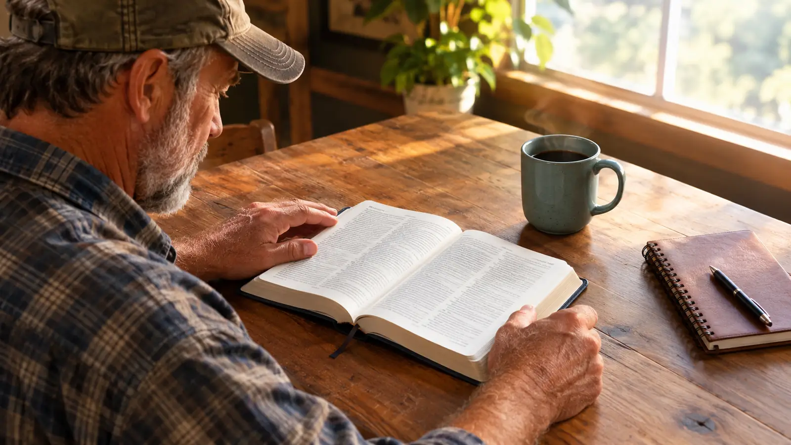 A devotional book lying open on a kitchen table beside a coffee mug and a small journal