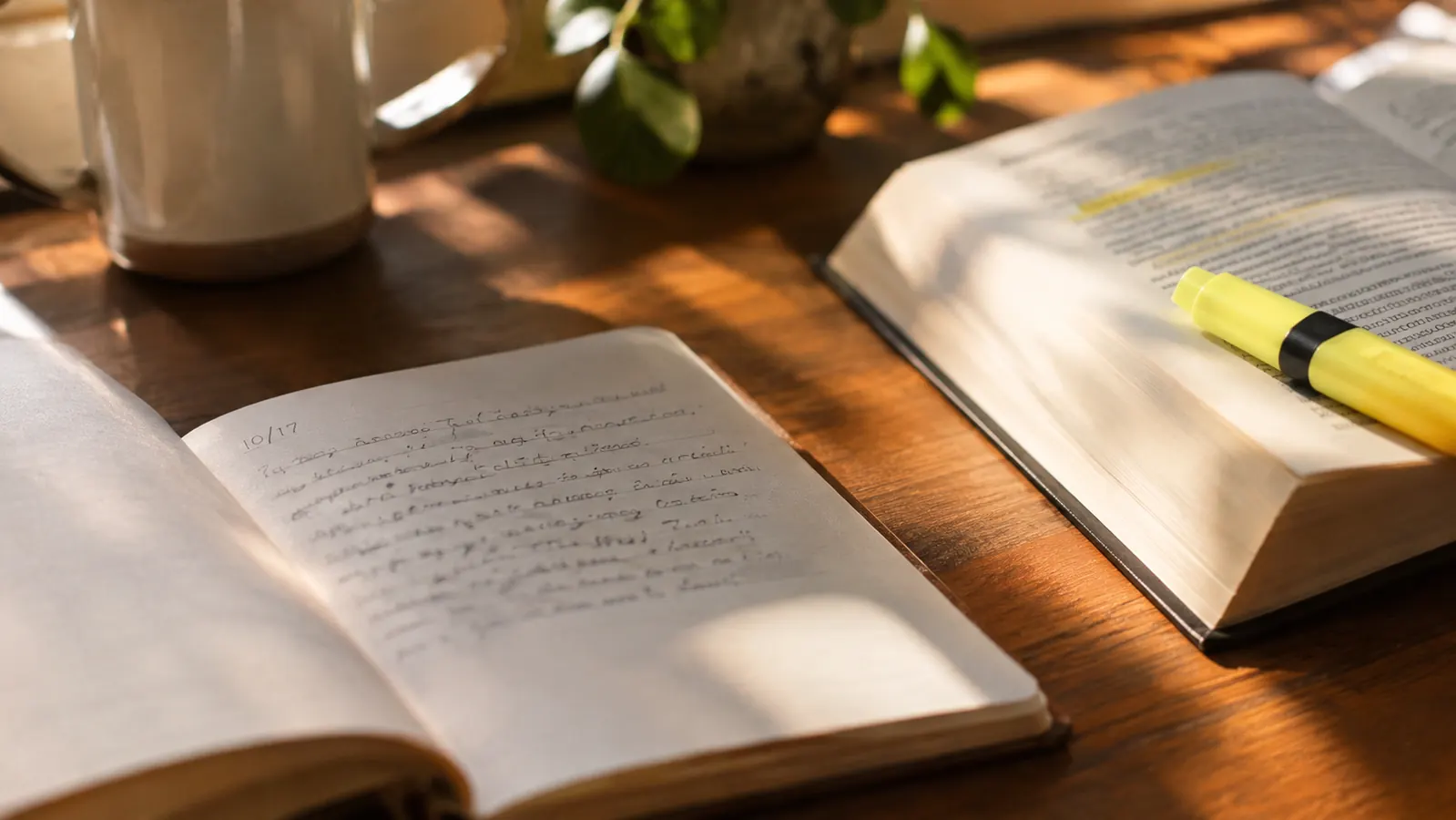 A reader's journal page with a short dated entry and a highlighter resting on the open book