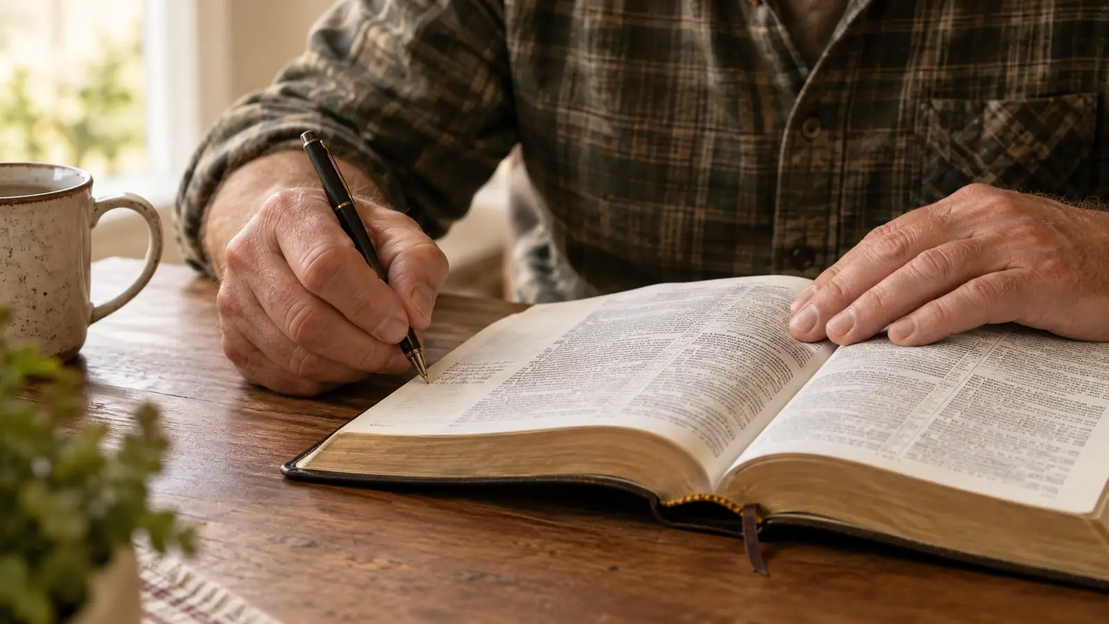 An older woman writing in the wide margin of an open Bible at a table