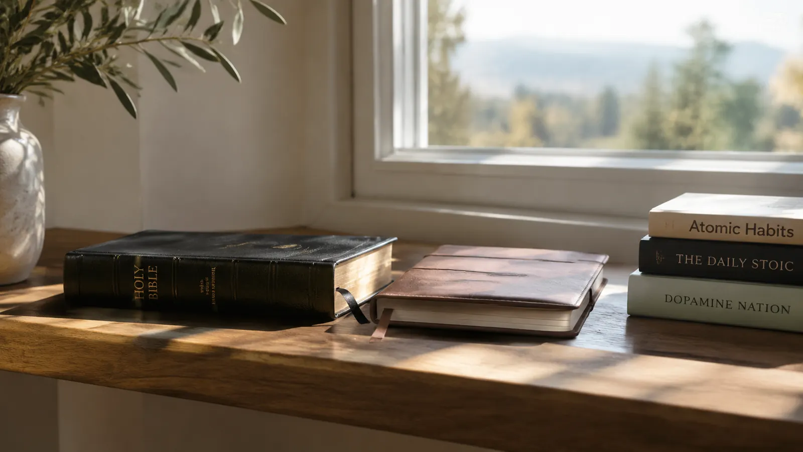 A shelf with a Bible, a journal, and a small stack of books under a window