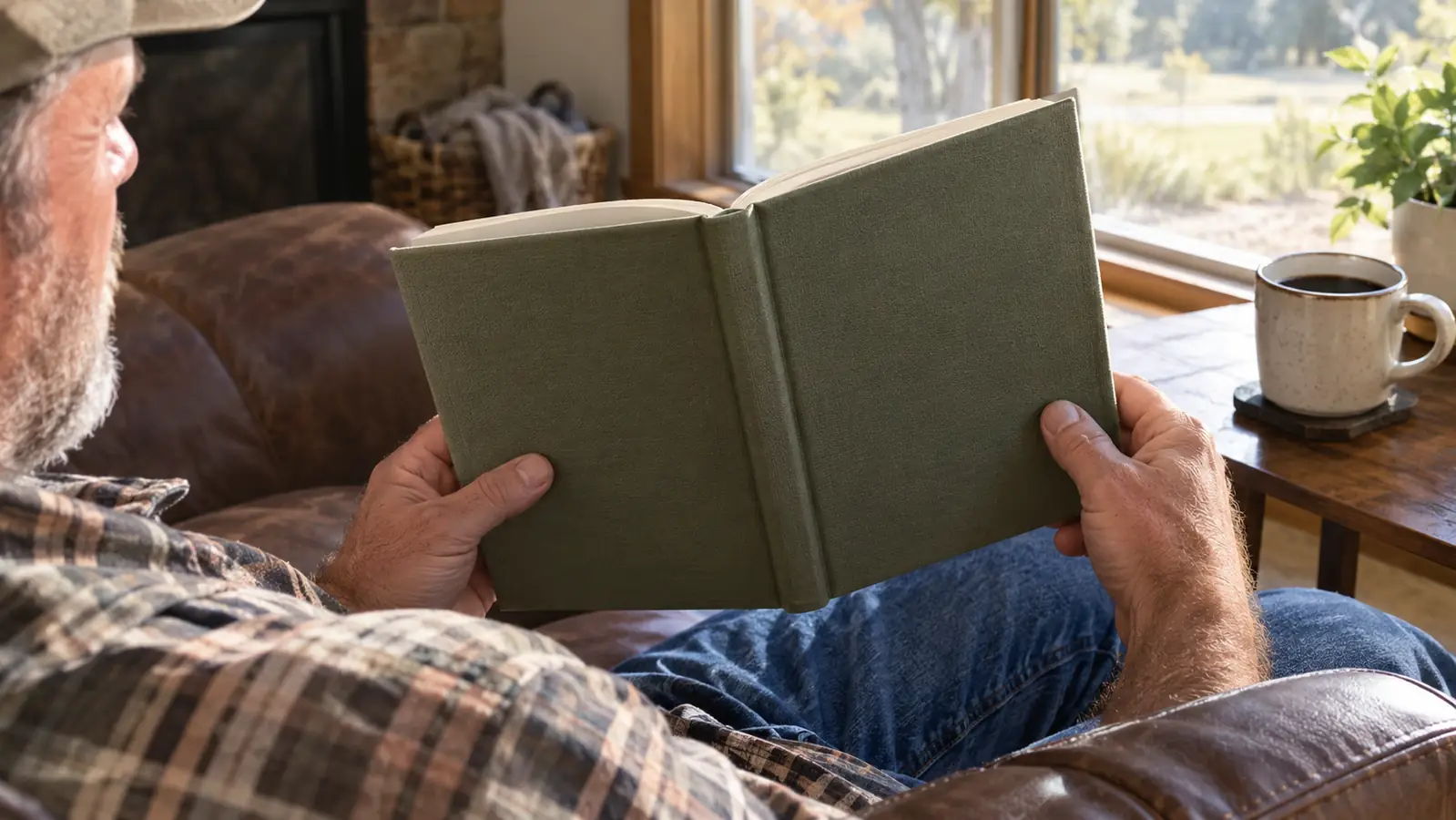 A reader holding an open devotional book in one hand and a coffee mug in the other, seated by a bright window