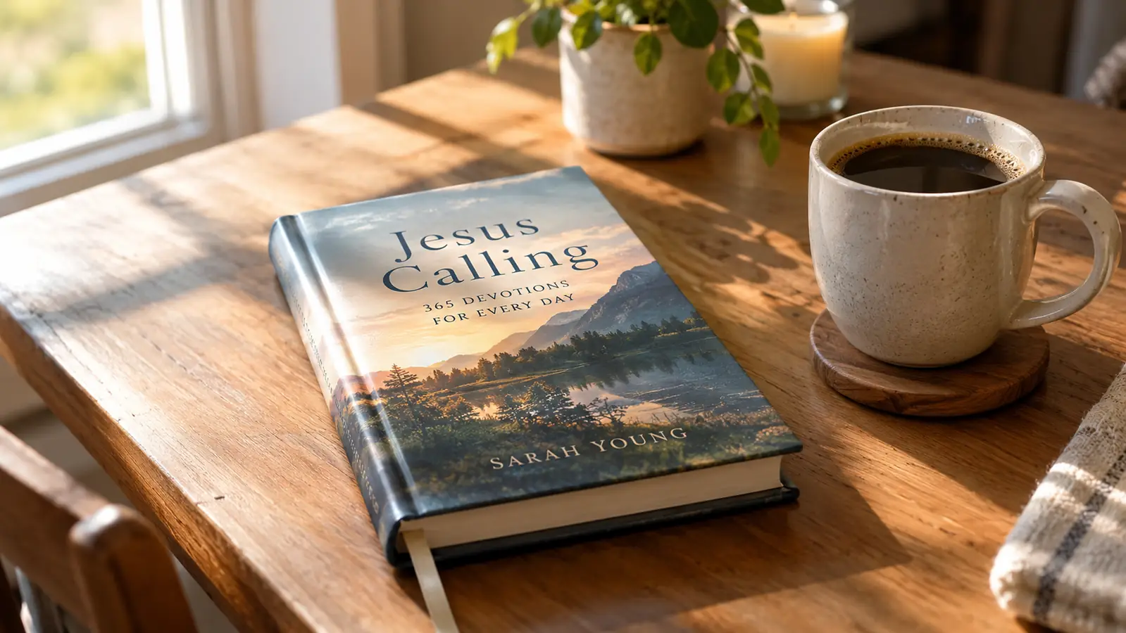 A devotional book resting on a kitchen table beside a cup of coffee in morning light