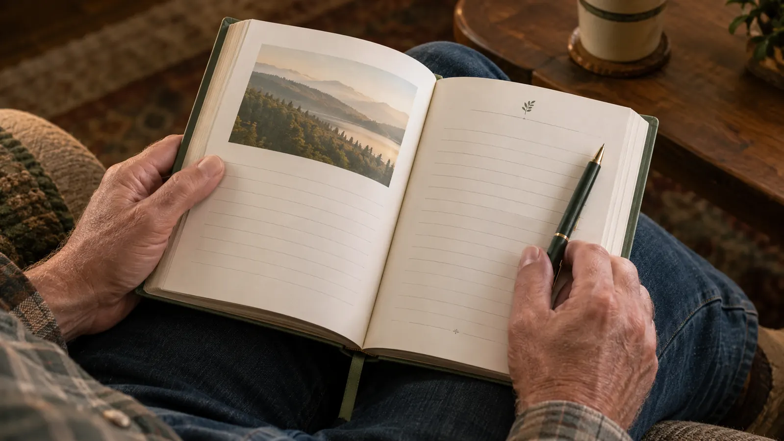 A reader's hands holding a padded hardcover devotional open on a lap, with a pen resting on the page