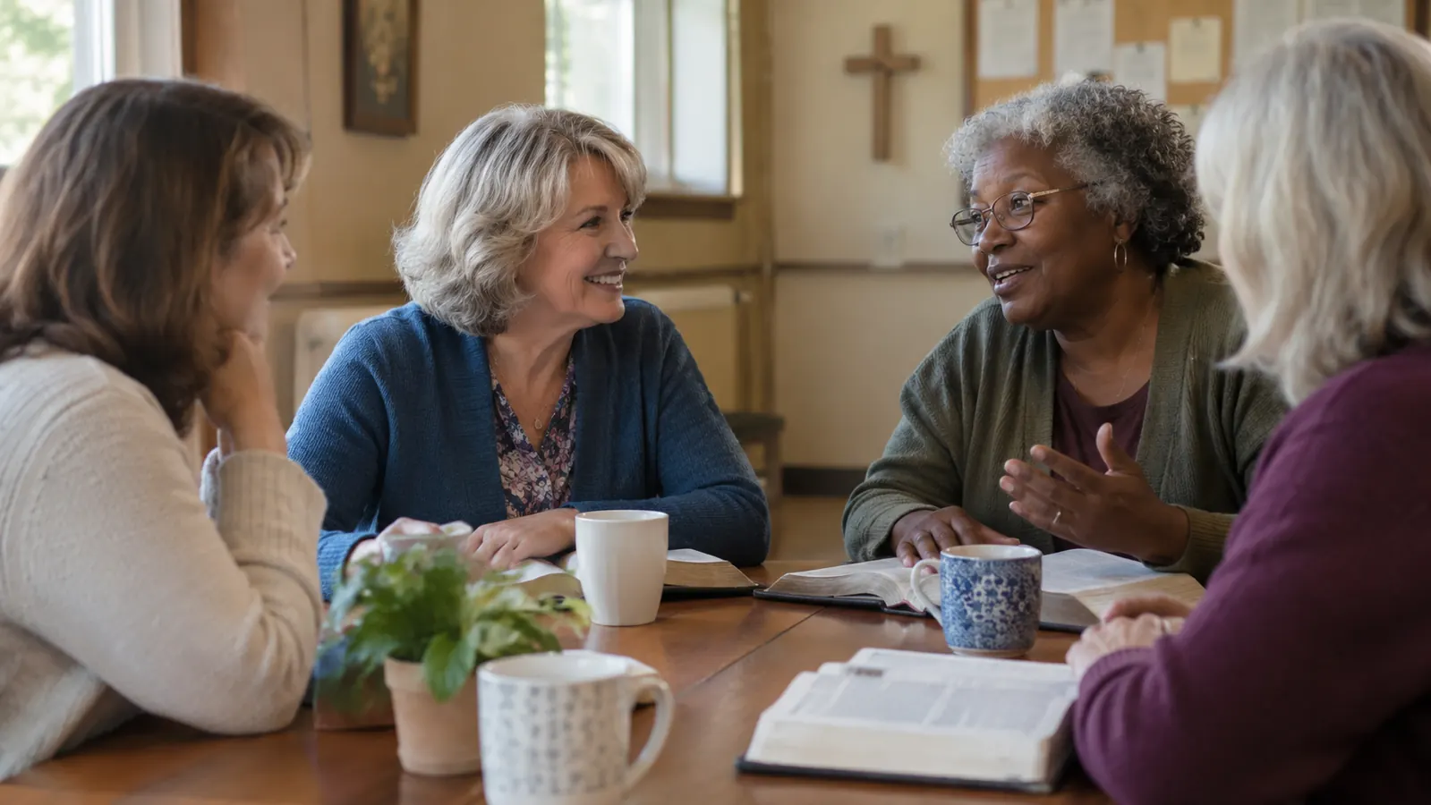 A small group of women gathered around a table with open books and coffee cups, mid-morning light