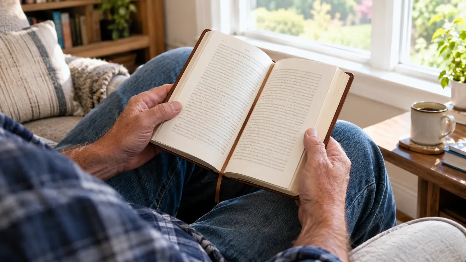 A woman's hands holding an open devotional book while she sits in a comfortable chair by a window