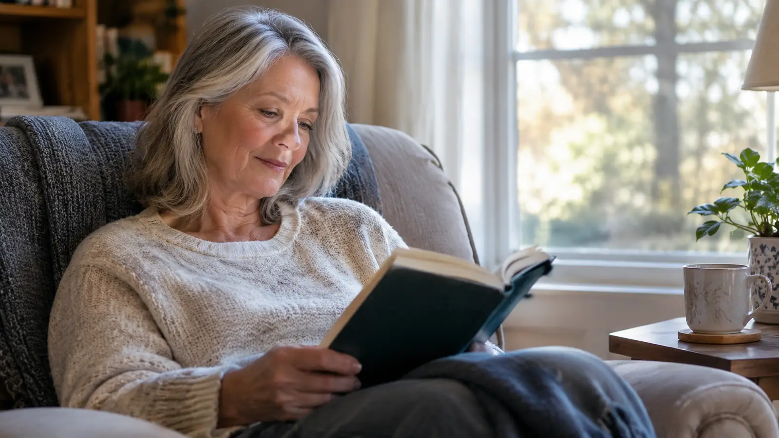 A woman reading a devotional book in a recliner by a window early in the morning, a coffee cup on the side table