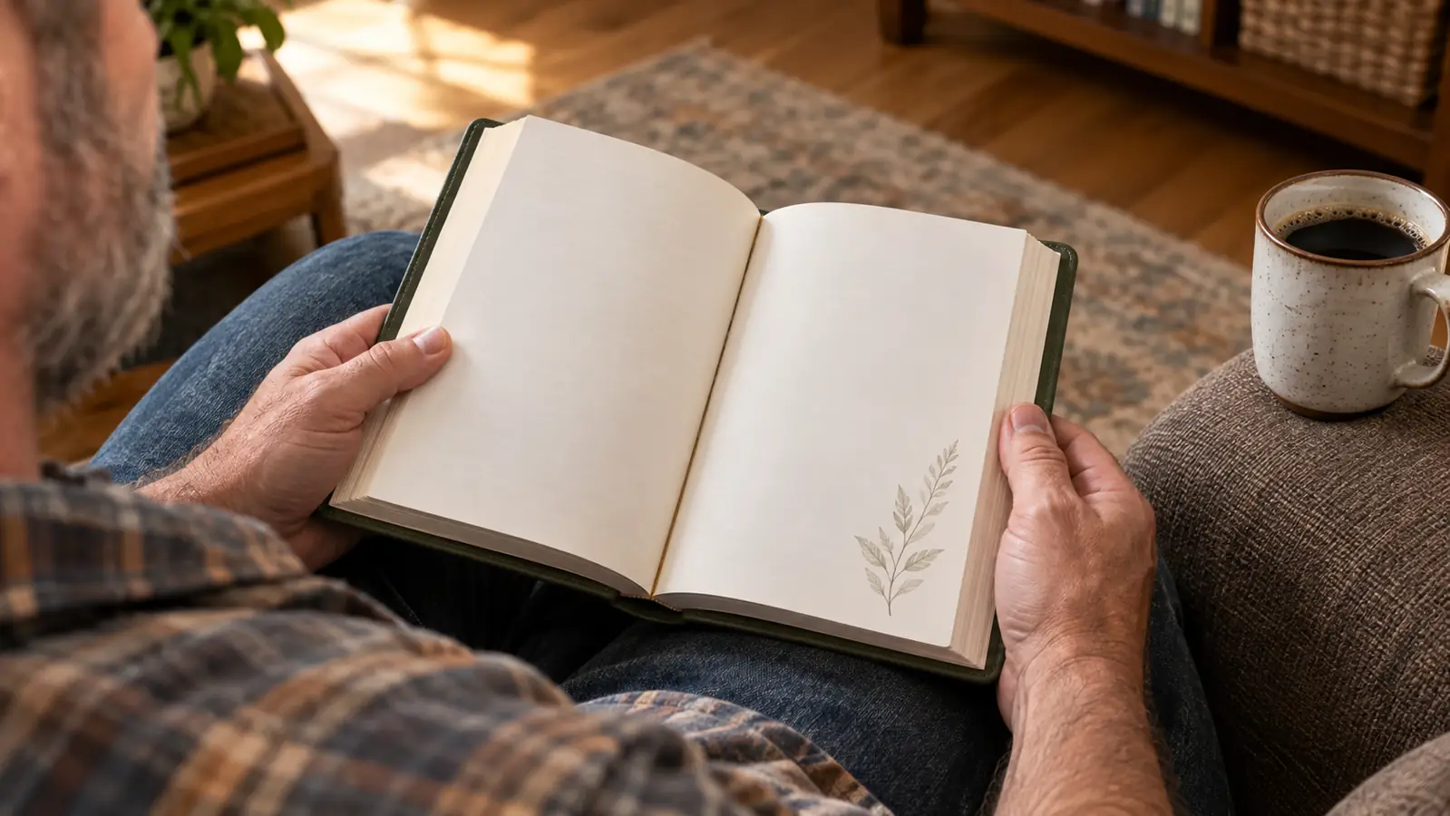 A reader holding an open devotional book with a padded cover in her lap, a coffee mug nearby