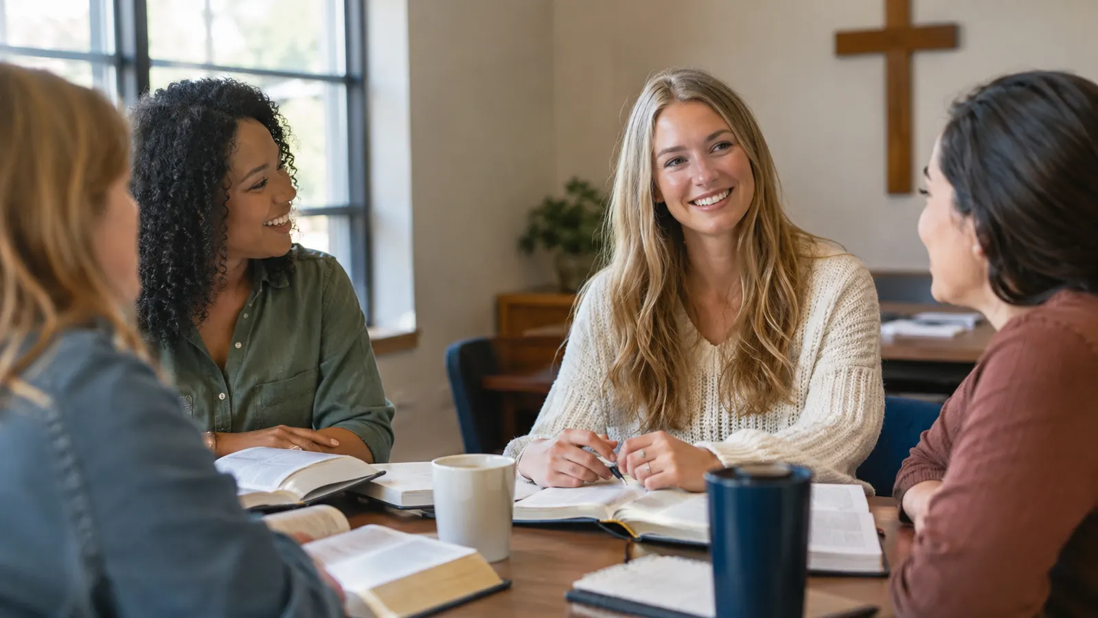 A small group of women with Bibles and devotional books gathered around a table in a church meeting room