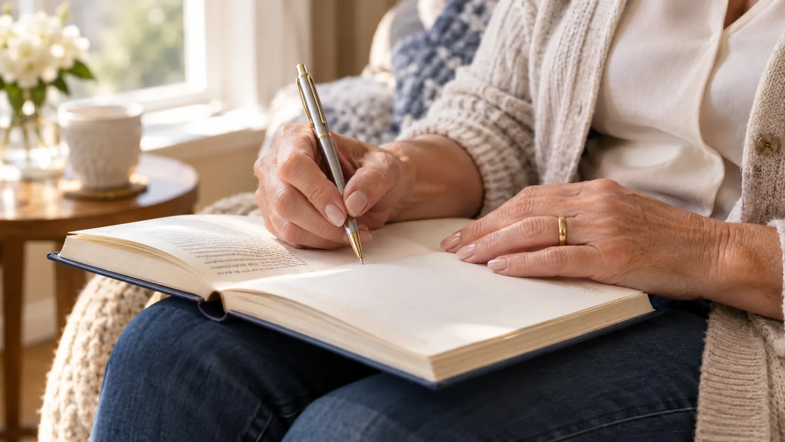A woman's hands writing notes in the wide margin of an open book on her lap