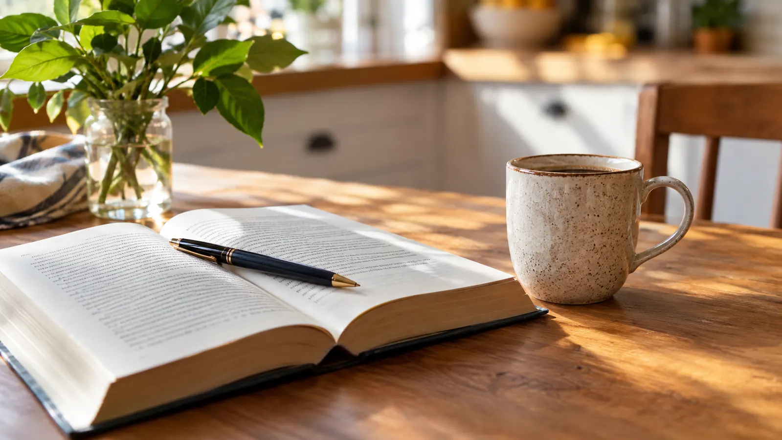 An open book with a pen resting on the page beside a cup of coffee on a kitchen table