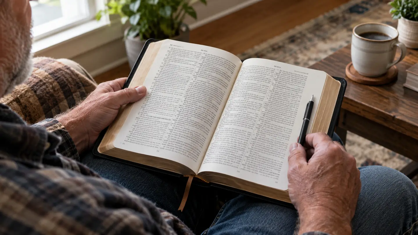 A reader holding the Bible open on her lap with a fine tip pen resting on the page