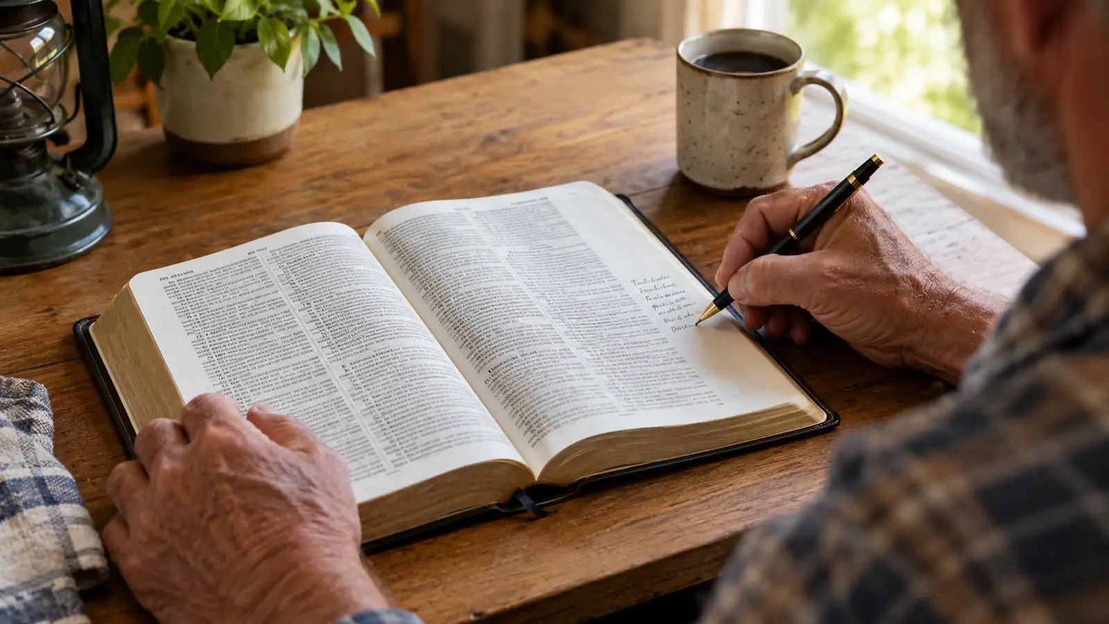 A reader's hand writing notes in the wide margin of an open Bible on a table