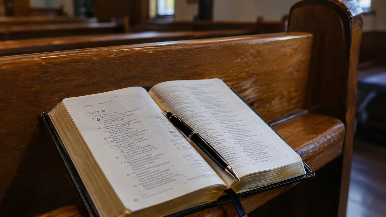 A Bible lying open on a church pew with a pen resting across the page