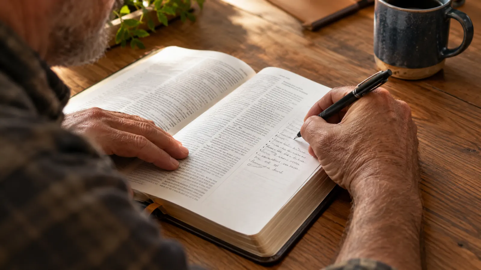 A reader's hands holding a pen over the wide-margin page of an open journaling Bible