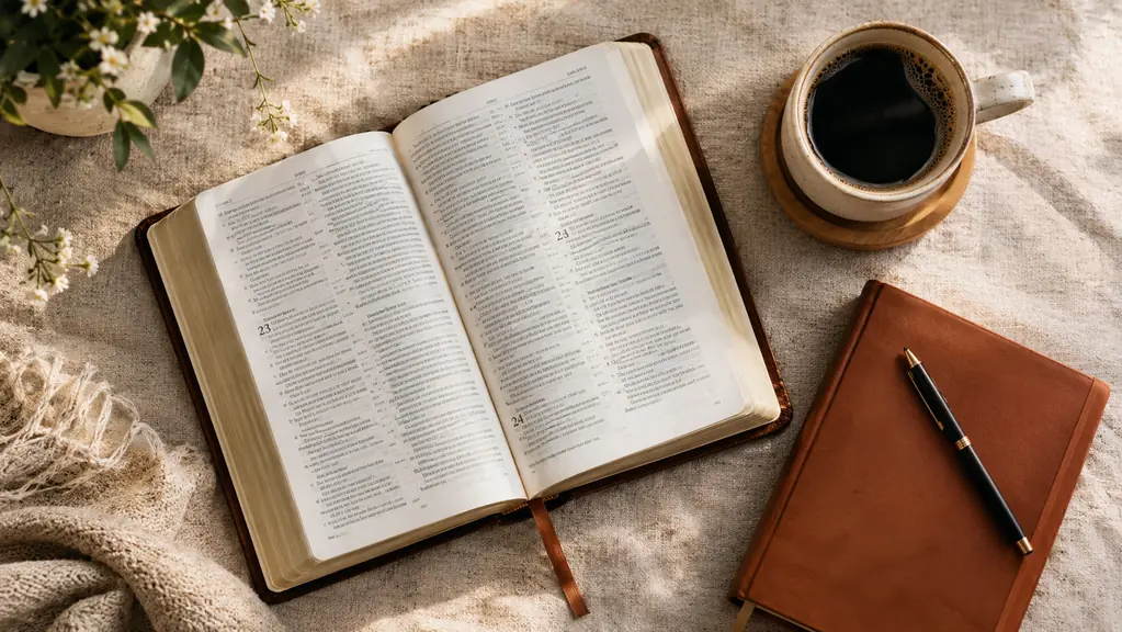 A simple illustration of a daily quiet time routine with an open Bible, a coffee cup, and a journal