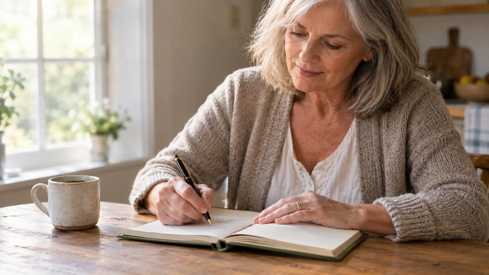 an older woman writing in a journal at a kitchen table with a coffee cup nearby