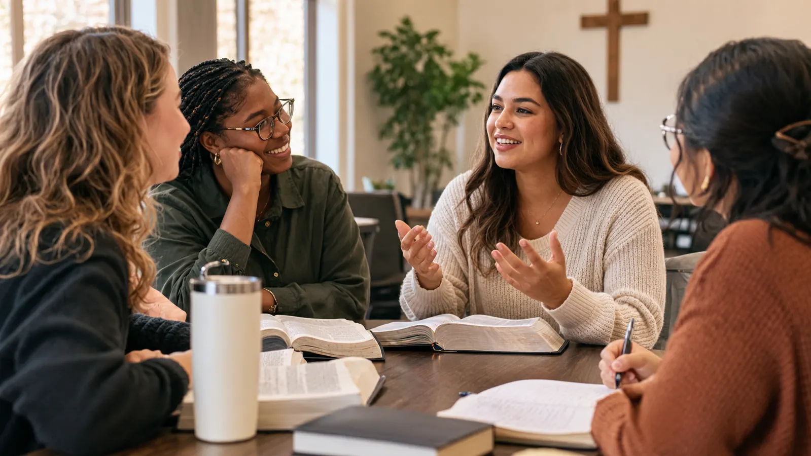 a small group of women around a table with open journals and Bibles in a church meeting room