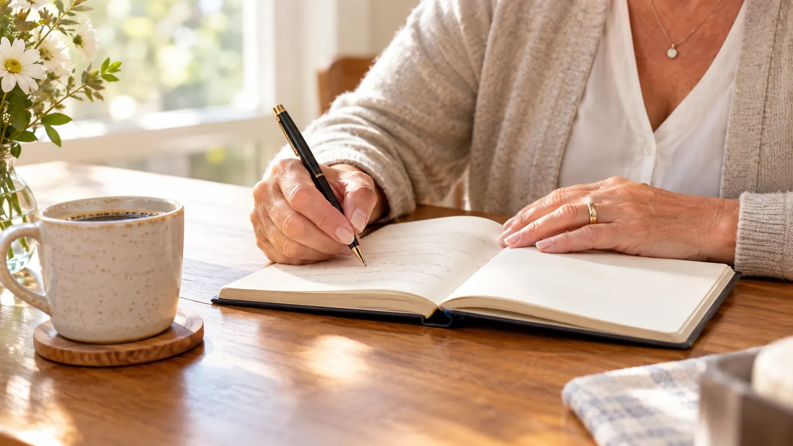 A hand writing in an open guided journal on a table with a cup of coffee nearby