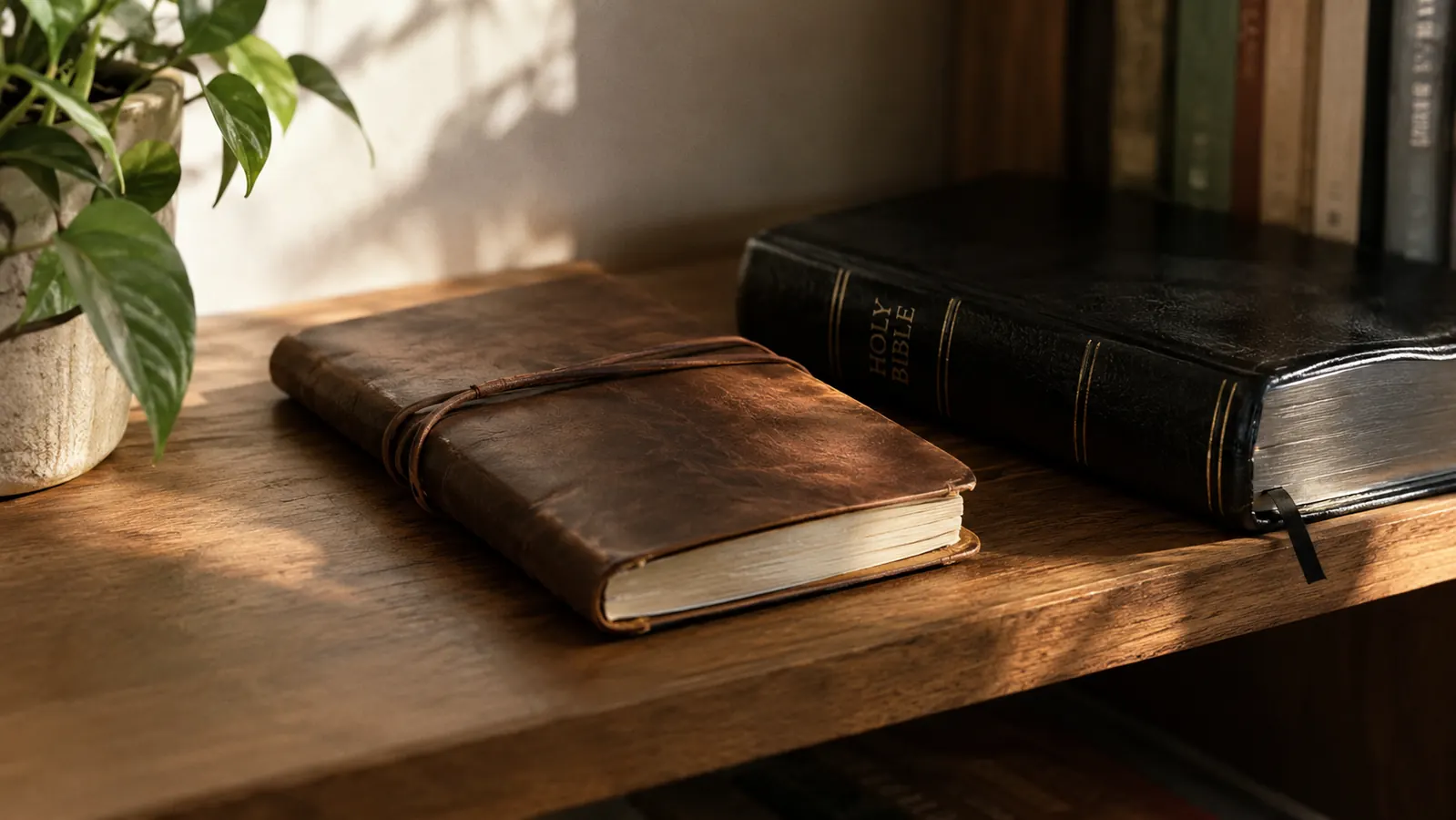 A journal resting on a bookshelf beside a Bible