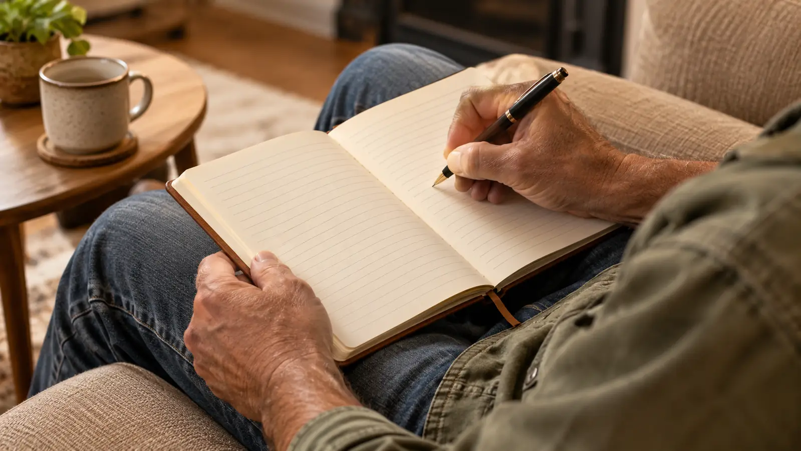 A woman's hands writing in an open journal with a pen, the journal resting in her lap