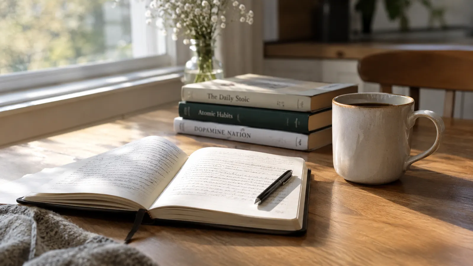 An open journal on a table beside a coffee mug and a small stack of books in morning light