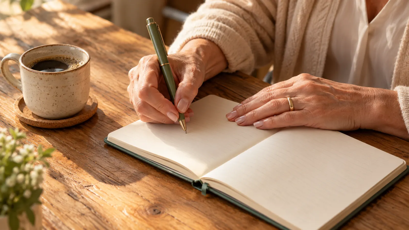 A hand writing in an open journal on a wooden table, a cup of coffee nearby