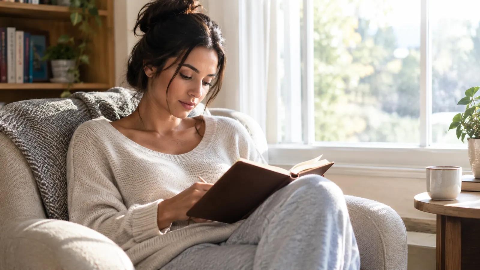 A woman reading a journal in a chair by a bright window, quiet morning scene