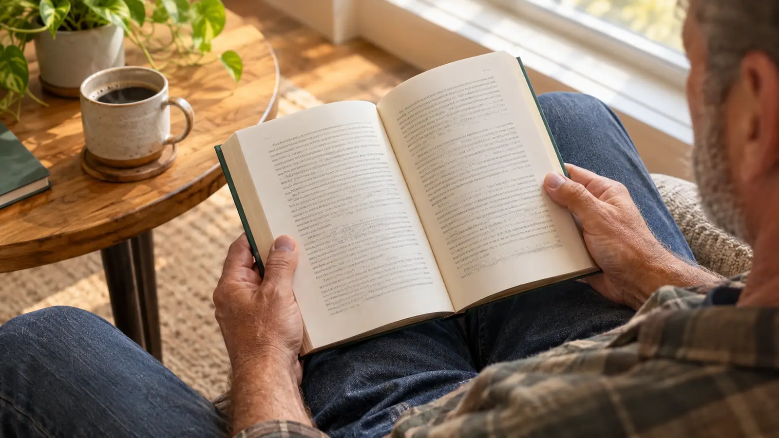A reader holding the book with a coffee cup nearby in soft window light