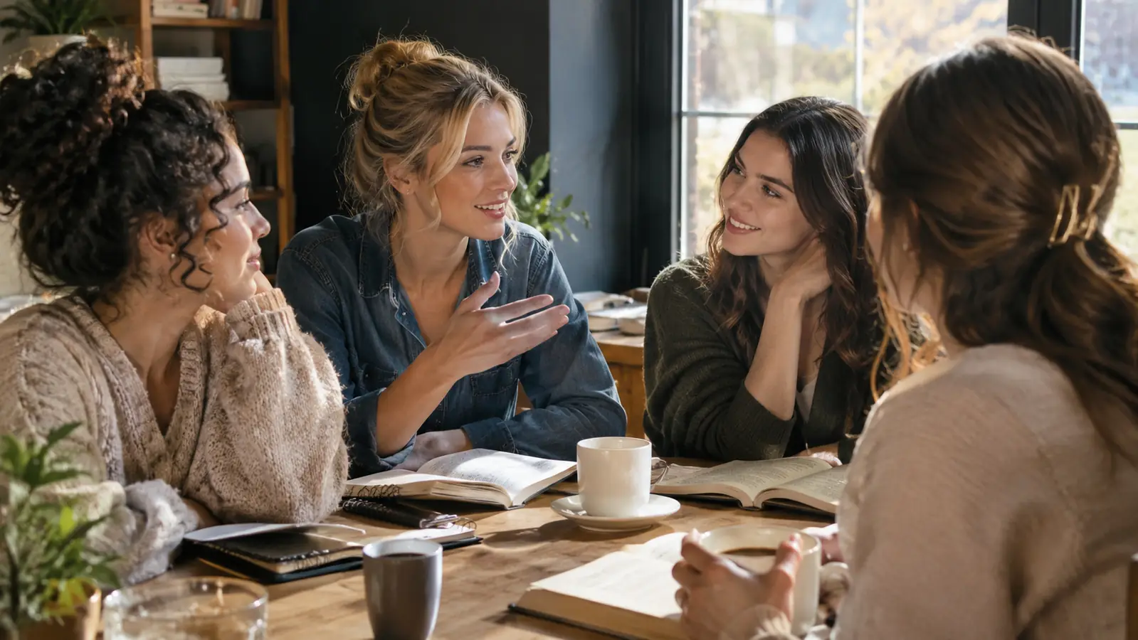 A small group of women around a table with books and coffee cups in warm morning light